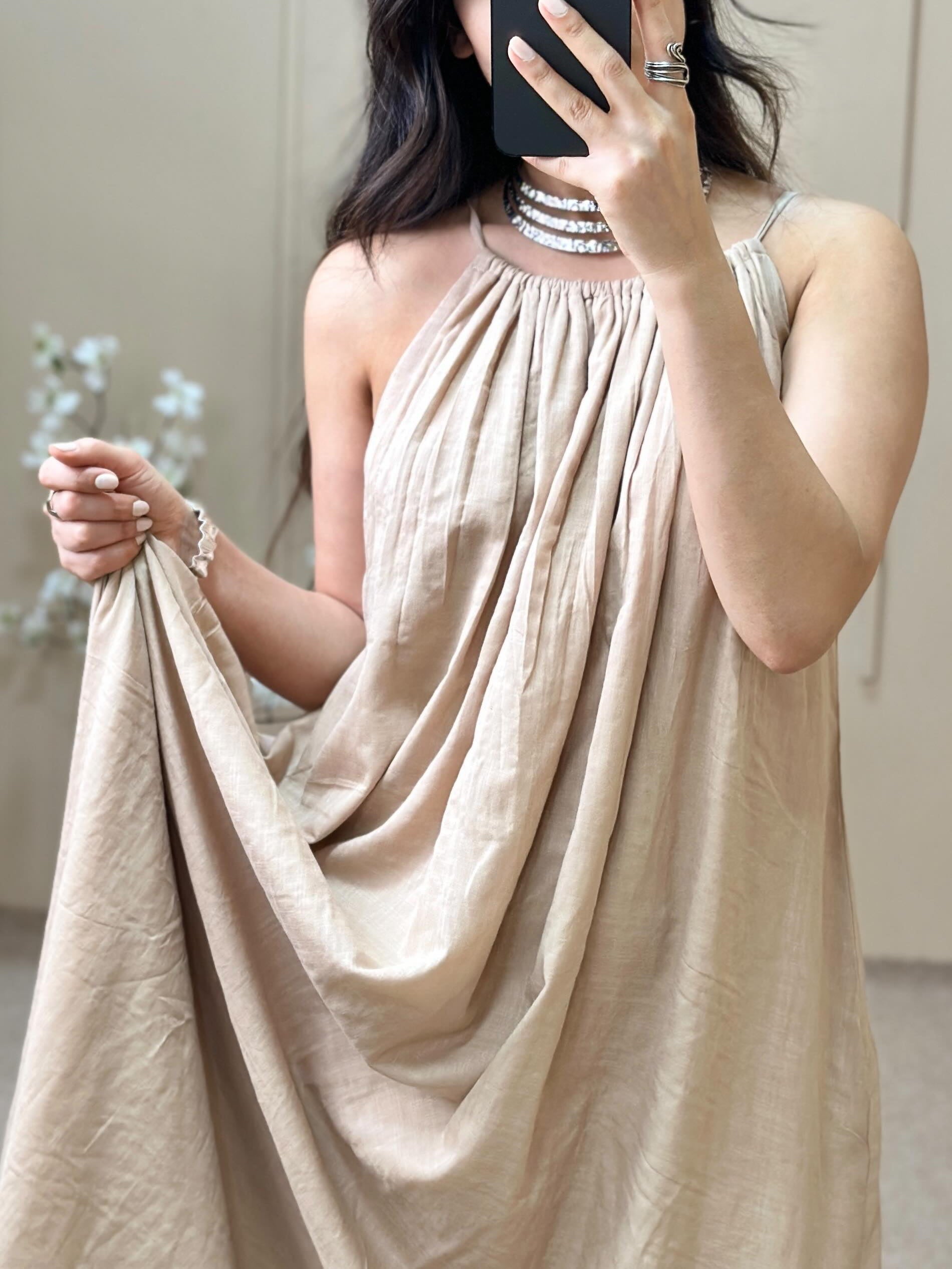 Beige Adjustable Strap Floor-Length Dress
