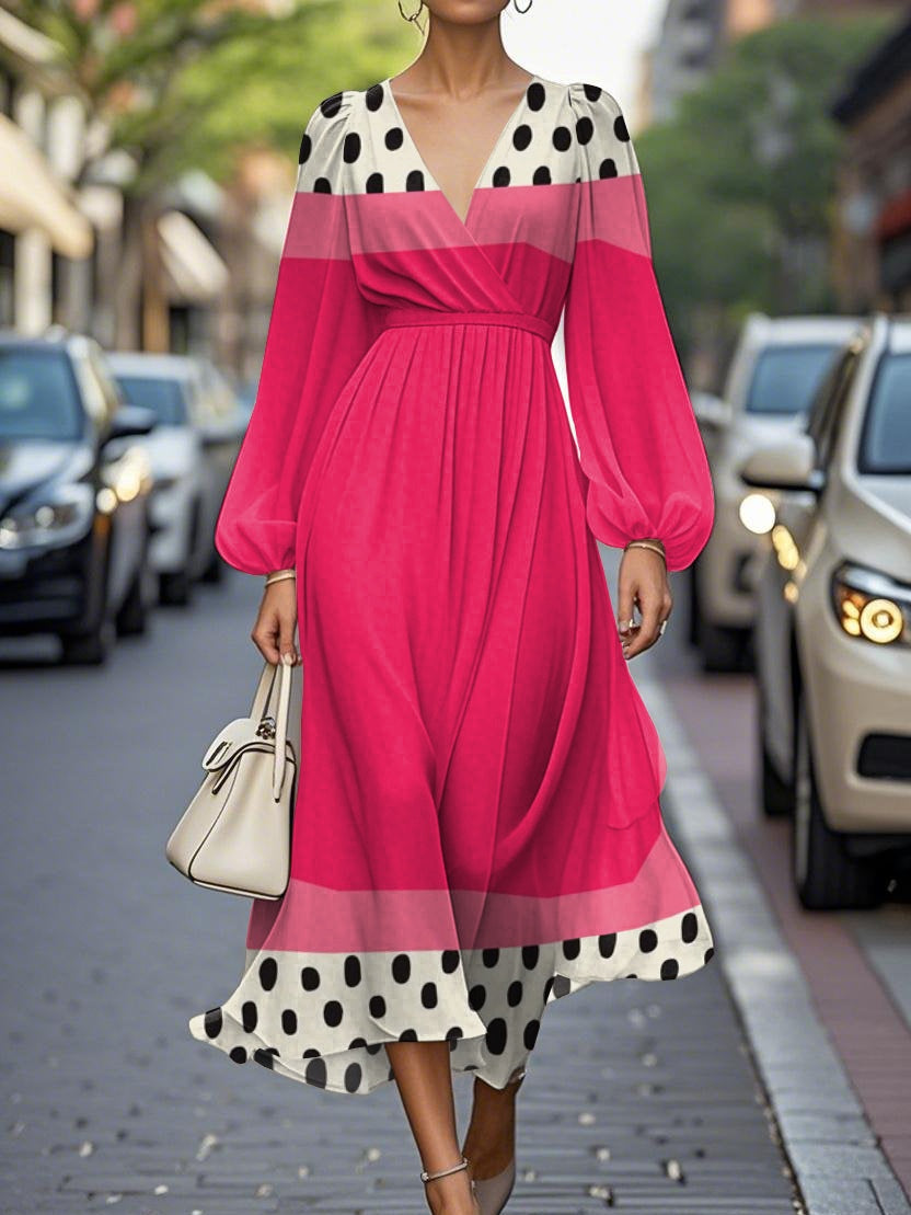 Elegant Geometric Pattern V-neck Pleated Midi Dress Pink