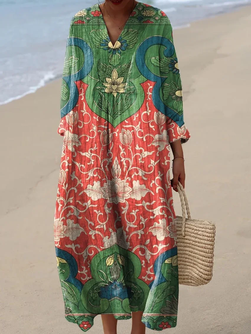 Vintage Abstract Art Print Dress Green
