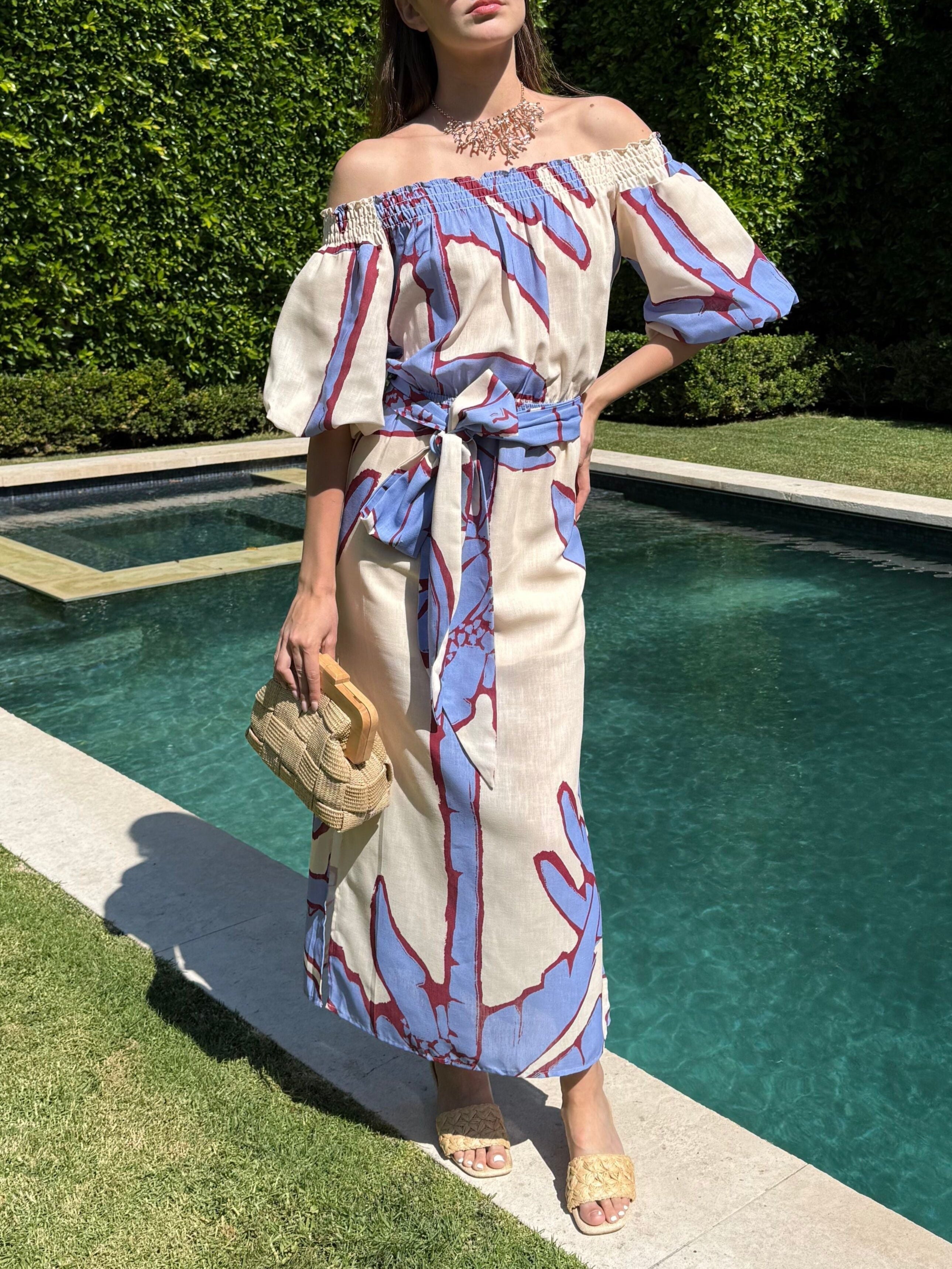 Botanical Print Off-The-Shoulder Tie-Waist Maxi Dress Beige