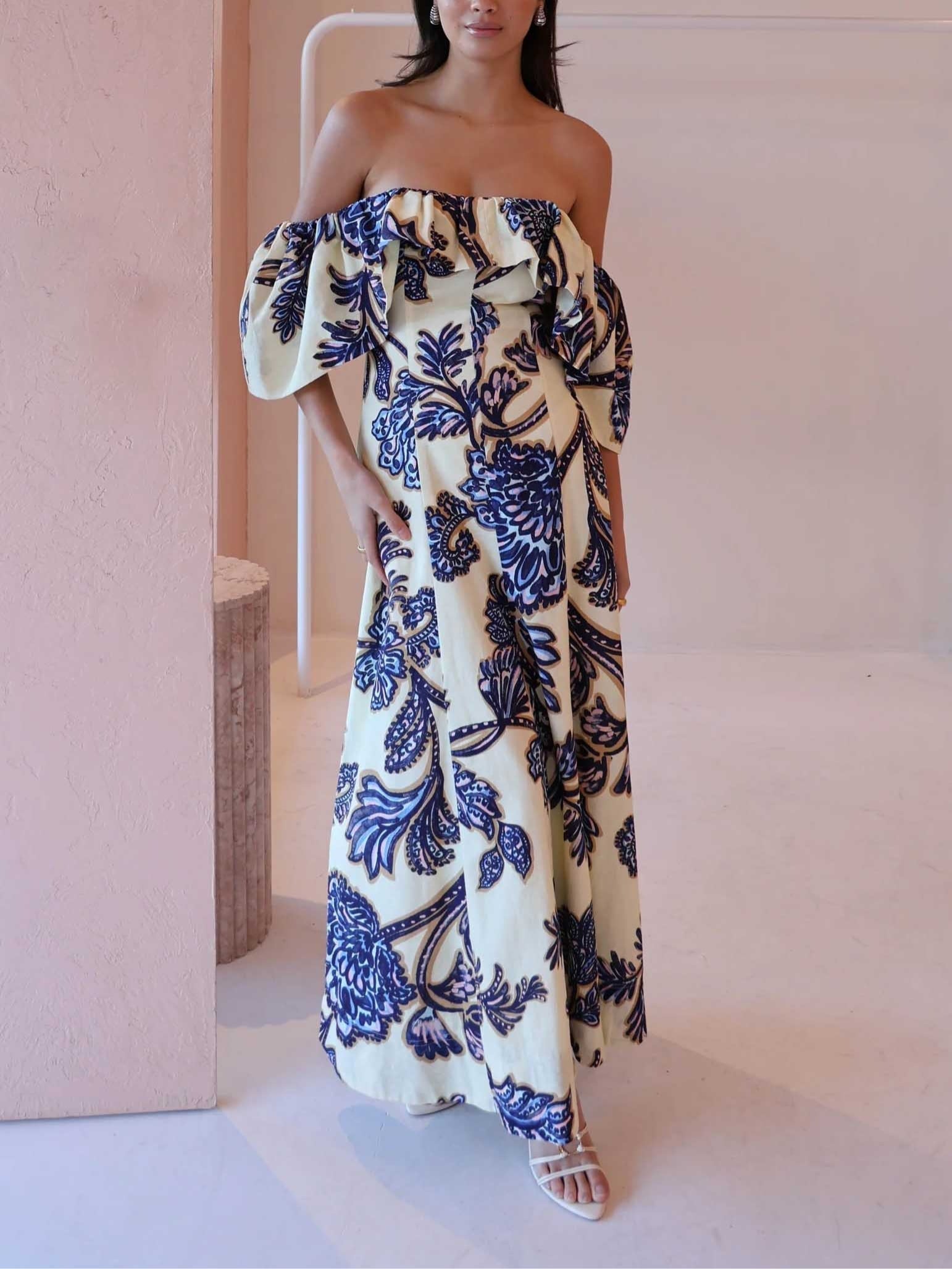 Blue Off-the-shoulder Paisley Print Maxi Dress Blue