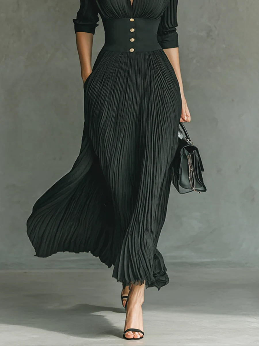 Pleated Collared Deep V-Neck Long Sleeve High Waist Maxi Dress