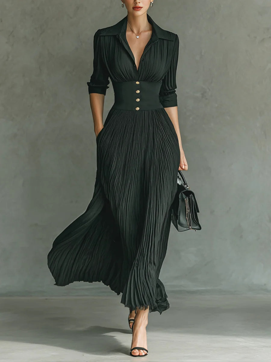 Pleated Collared Deep V-Neck Long Sleeve High Waist Maxi Dress