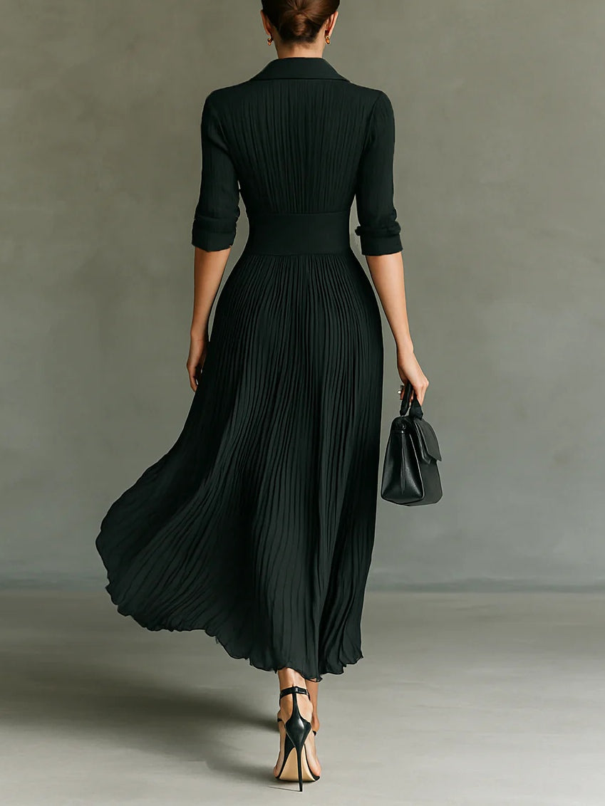 Pleated Collared Deep V-Neck Long Sleeve High Waist Maxi Dress