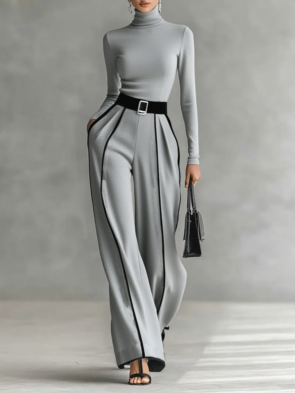 Turtleneck Top and Contrast Piping Wide Leg Pants Two Piece Set