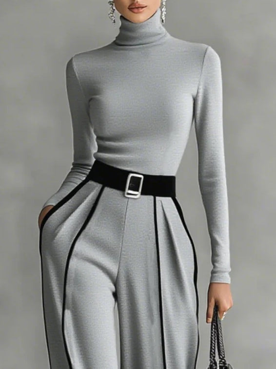 Turtleneck Top and Contrast Piping Wide Leg Pants Two Piece Set