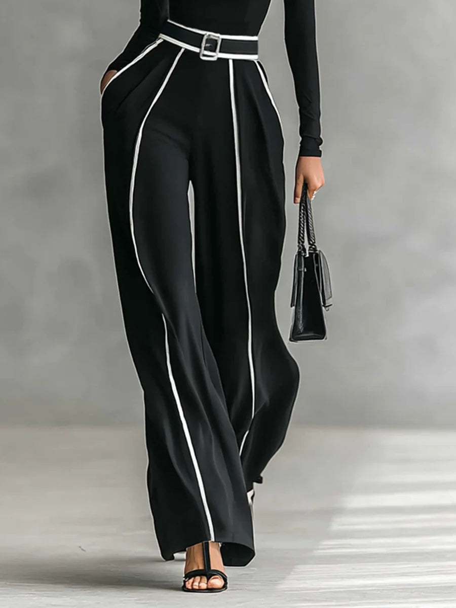 Turtleneck Top and Contrast Piping Wide Leg Pants Two Piece Set