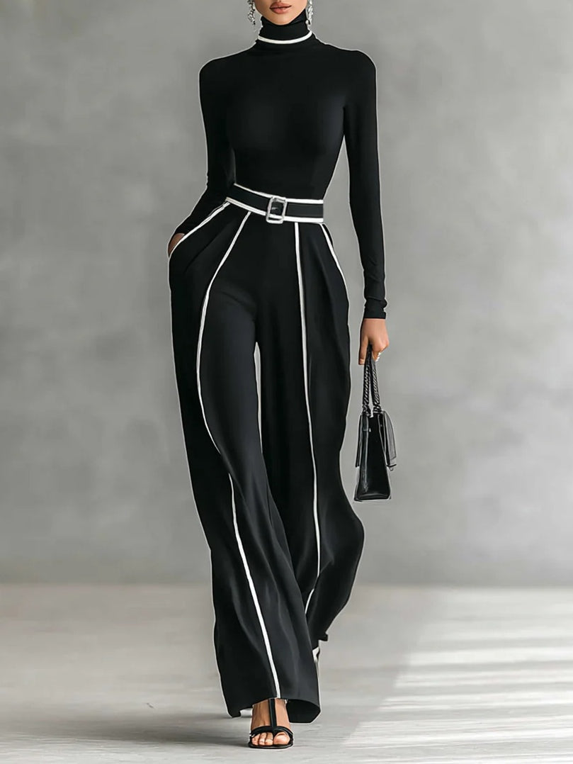 Turtleneck Top and Contrast Piping Wide Leg Pants Two Piece Set