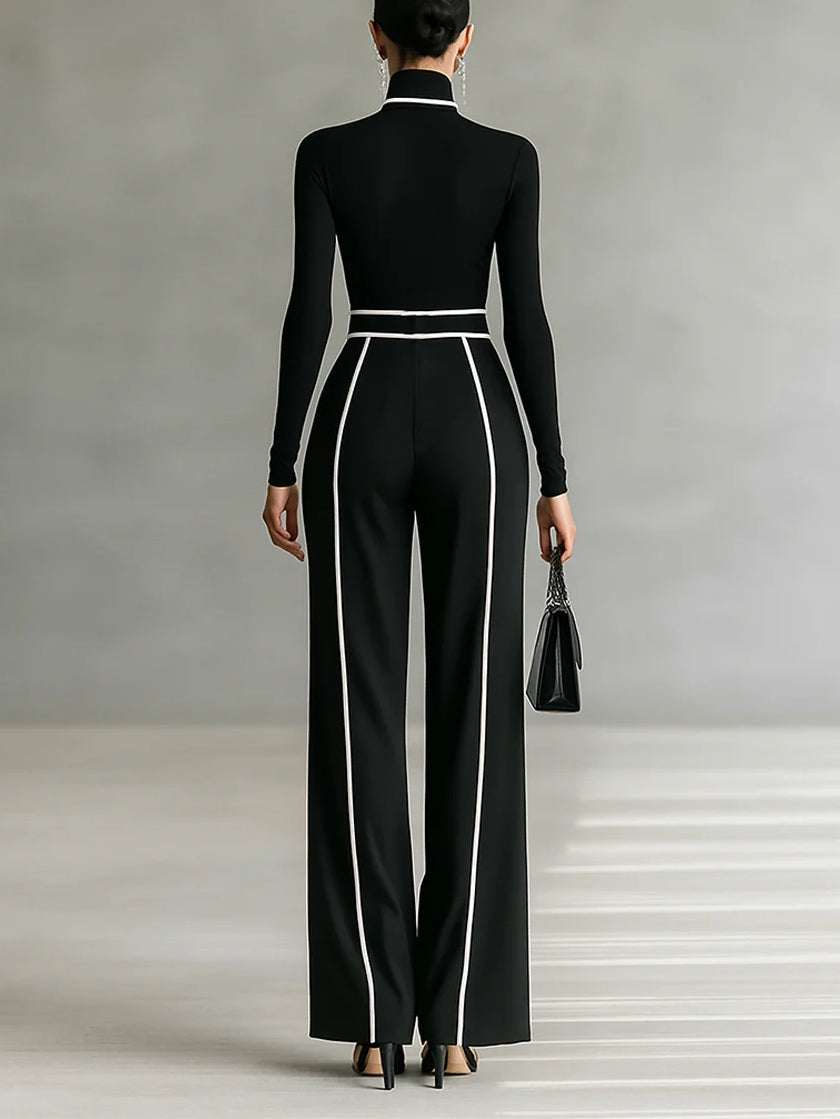 Turtleneck Top and Contrast Piping Wide Leg Pants Two Piece Set