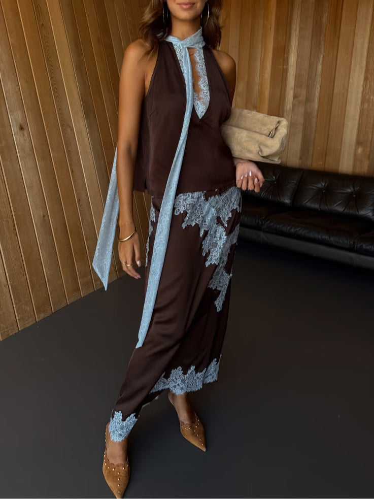 Halter Neck Lace Trim Tie Detail Satin Maxi Dress