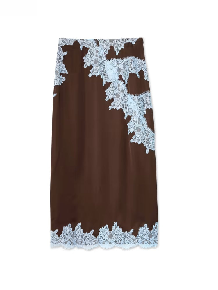 Halter Neck Lace Trim Tie Detail Satin Maxi Dress