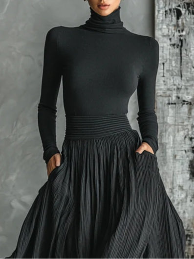 Turtleneck Top and Pleated High Split Maxi Skirt Two Piece Set