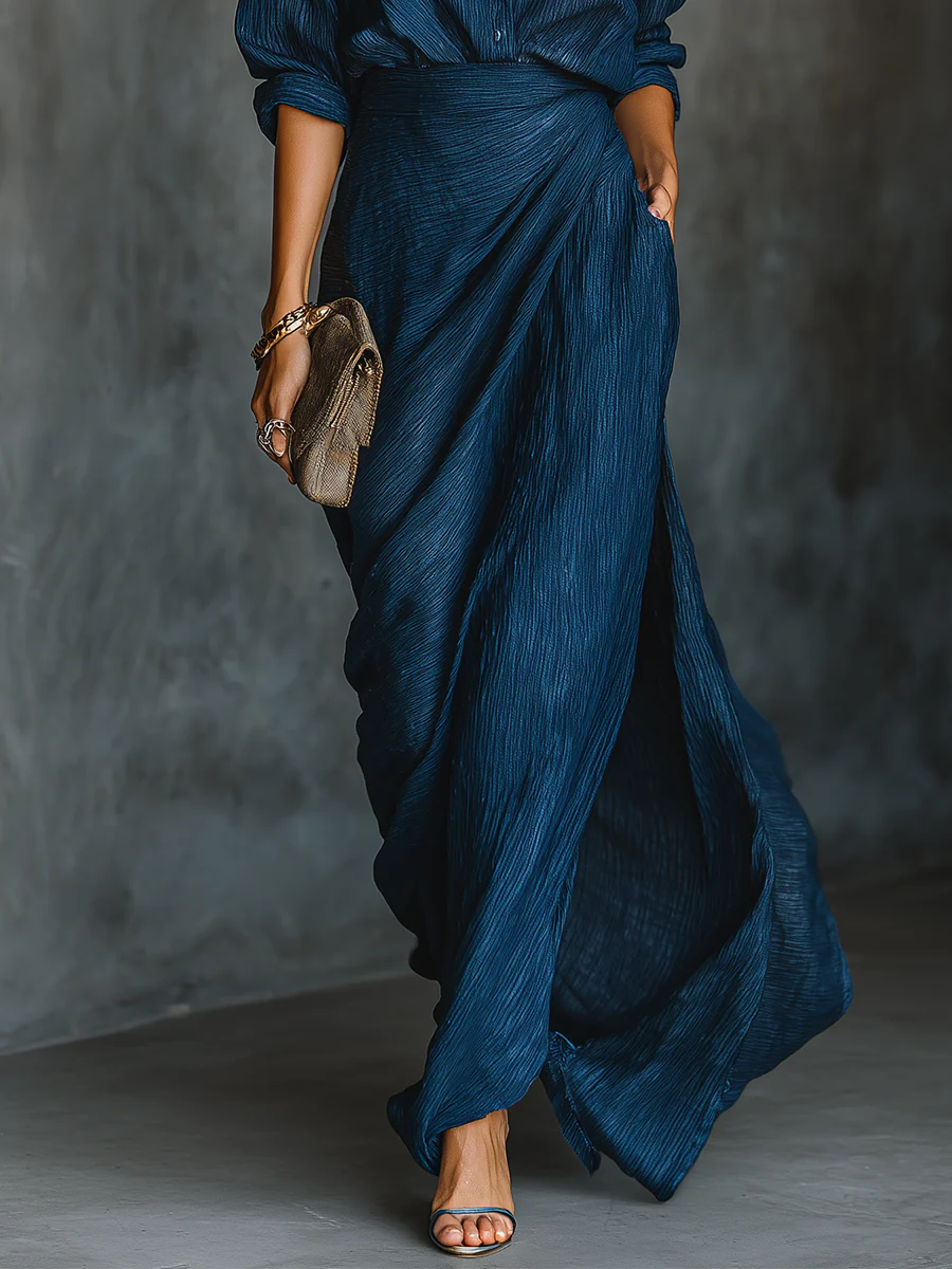 Long Sleeve Shirt and Wrap Maxi Skirt Two Piece Set