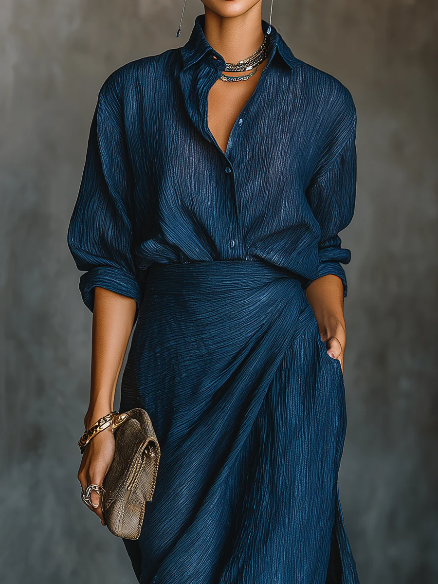 Long Sleeve Shirt and Wrap Maxi Skirt Two Piece Set