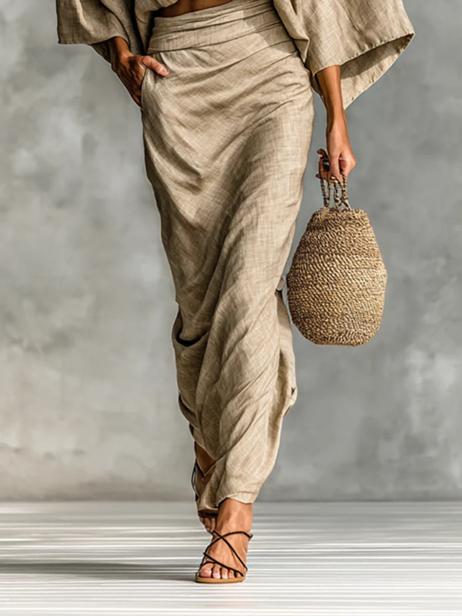Batwing Top and Ruched Maxi Skirt Two Piece Set