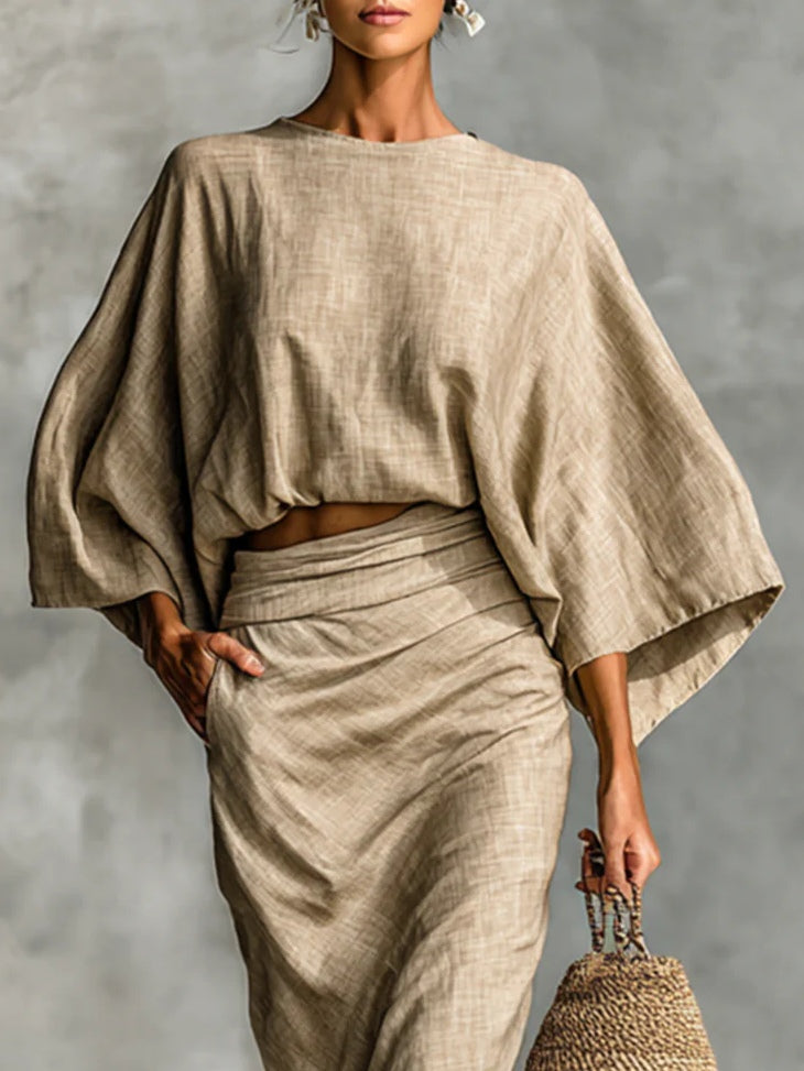Batwing Top and Ruched Maxi Skirt Two Piece Set