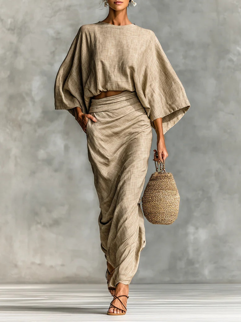 Batwing Top and Ruched Maxi Skirt Two Piece Set