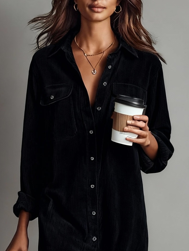 Corduroy Button Front Collared Long Sleeve Midi Shirt Dress