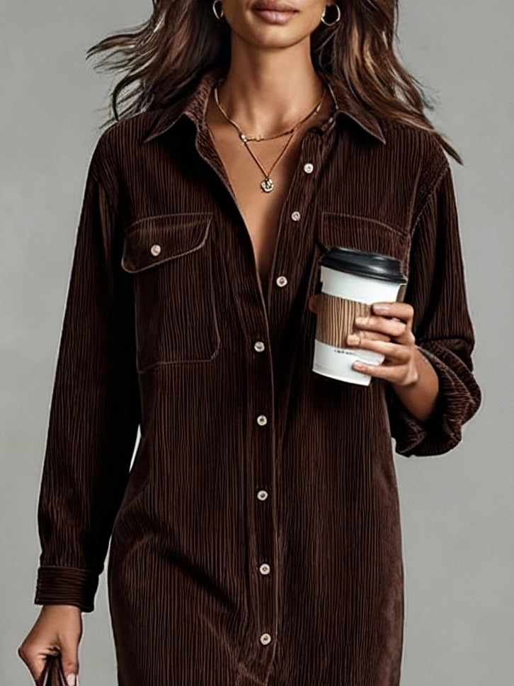 Corduroy Button Front Collared Long Sleeve Midi Shirt Dress