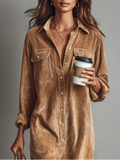 Corduroy Button Front Collared Long Sleeve Midi Shirt Dress