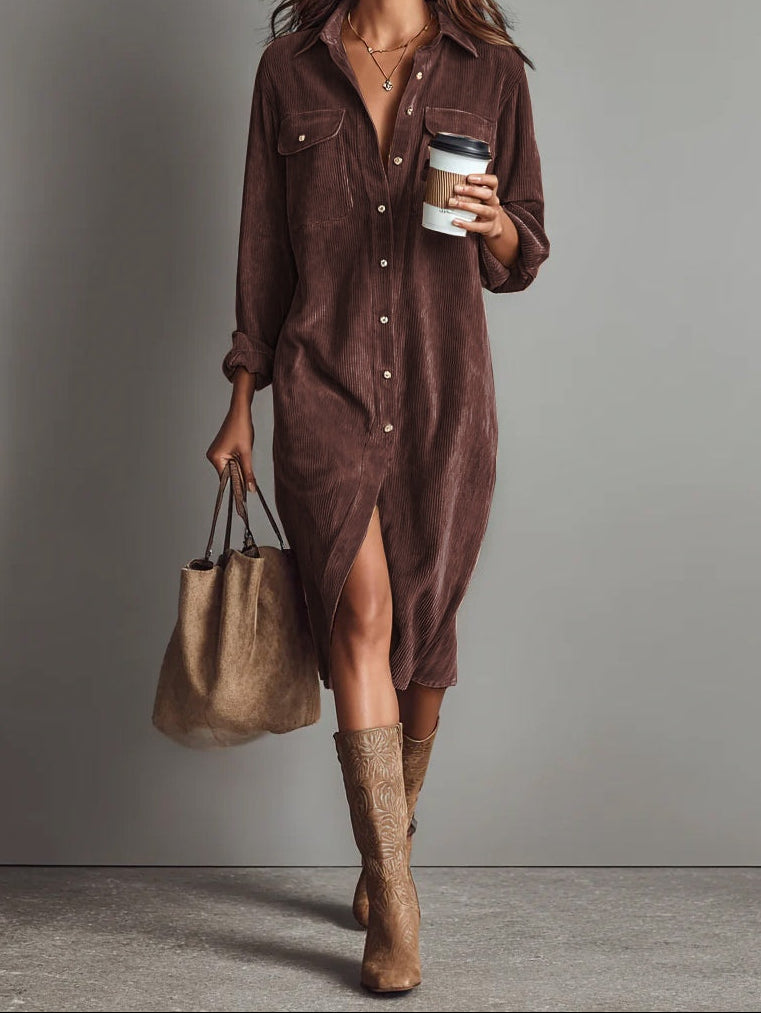 Collared Button Front Pocket Corduroy Shirt Dress
