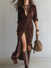 Velvet Long Sleeve Ruched High Split Maxi Dress
