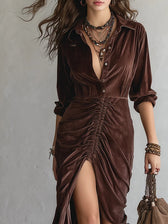 Velvet Long Sleeve Ruched High Split Maxi Dress 2