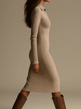 Collared Ribbed Knit Long Sleeve Bodycon Midi Dress 3