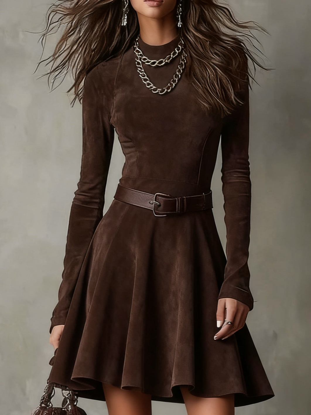 Faux Suede Mock Neck Long Sleeve Fit and Flare Mini Dress 2