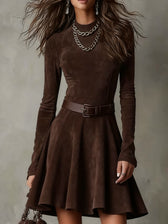 Faux Suede Mock Neck Long Sleeve Fit and Flare Mini Dress 2