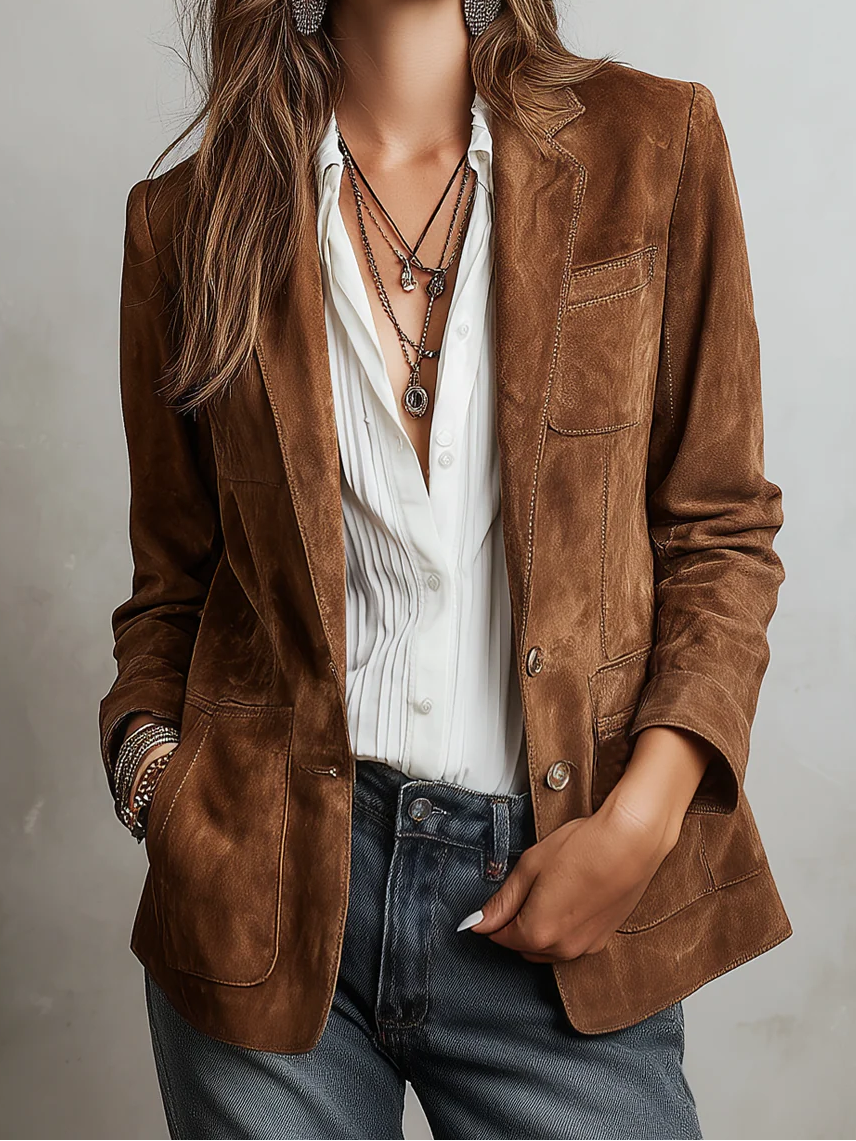 Notch Lapel Suede Look Button Front Blazer
