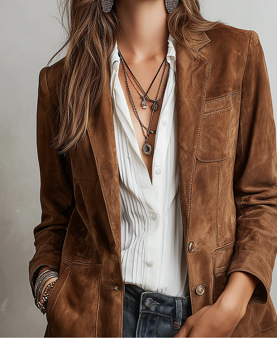 Notch Lapel Suede Look Button Front Blazer