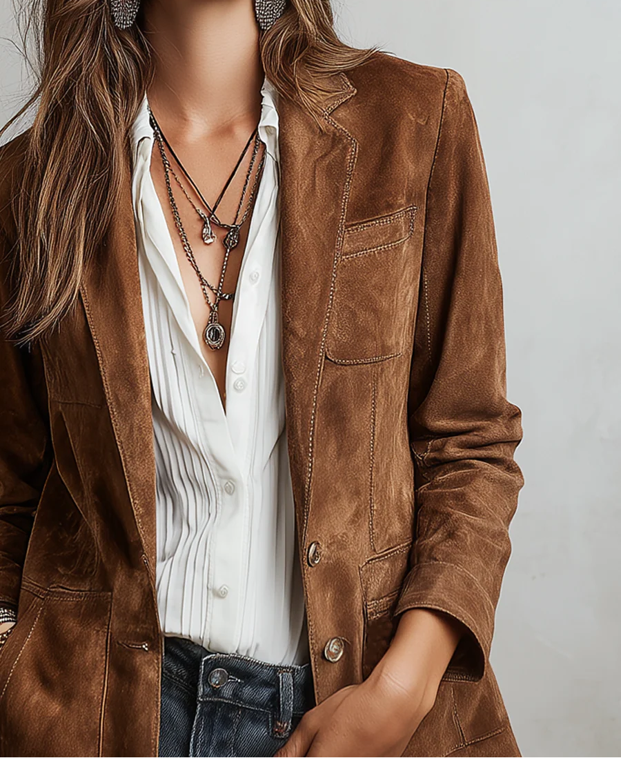 Notch Lapel Suede Look Button Front Blazer