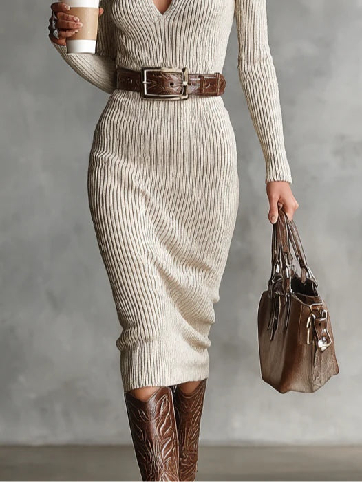 Ribbed Knit High Neck Long Sleeve Bodycon Midi Dress 3
