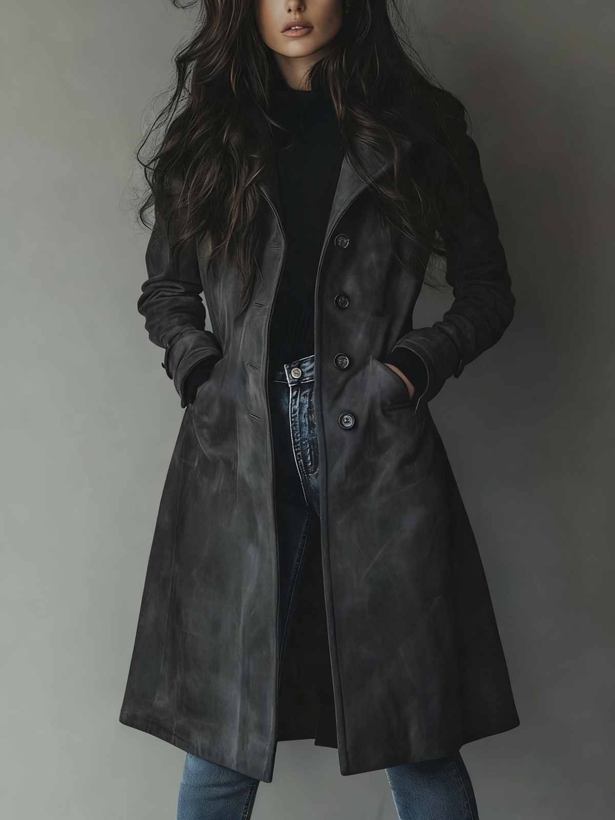 Suede Look Double Breasted Longline Coat
