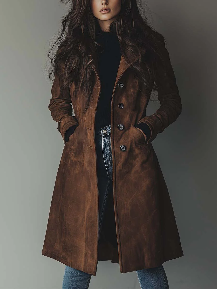Suede Look Double Breasted Longline Coat