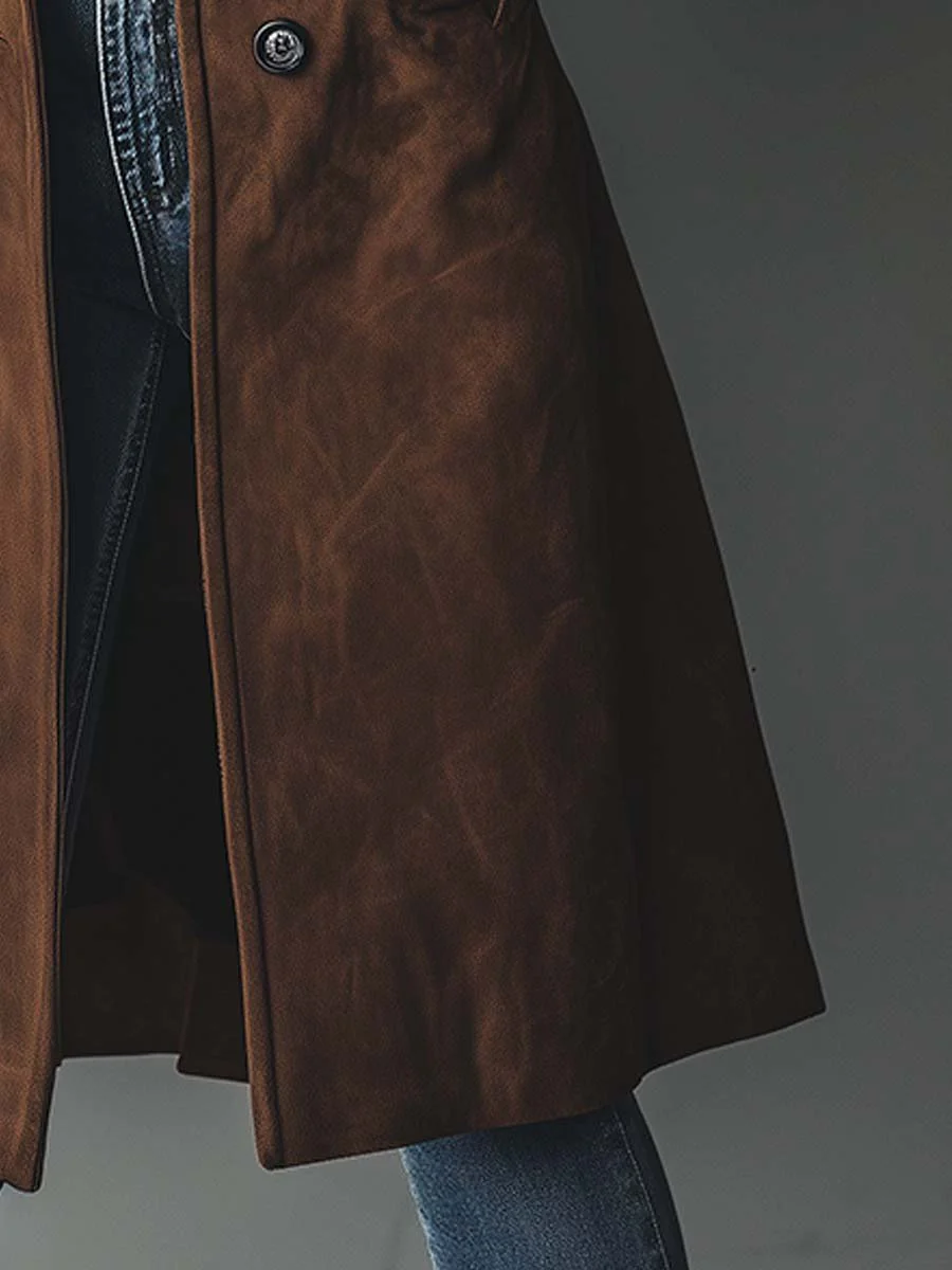 Suede Look Double Breasted Longline Coat