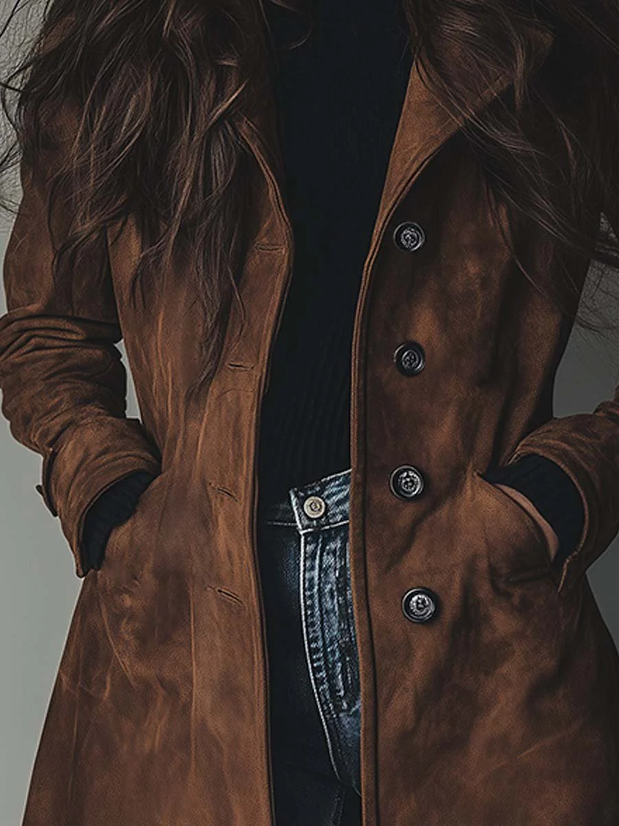 Suede Look Double Breasted Longline Coat