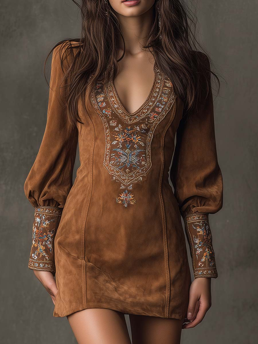 Suede Look Embroidered Deep V-Neck Long Sleeve Mini Dress