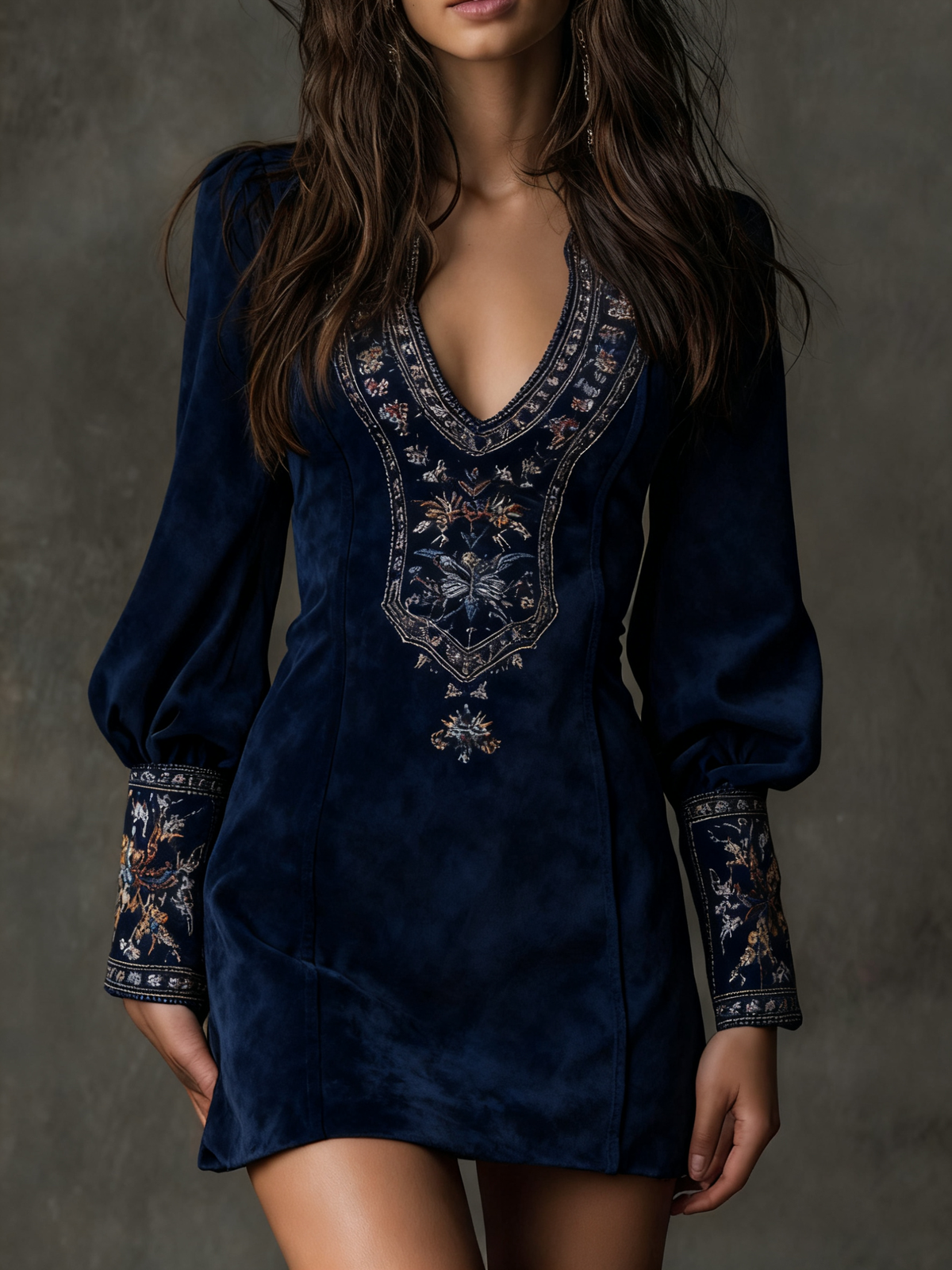 Suede Look Embroidered Deep V-Neck Long Sleeve Mini Dress