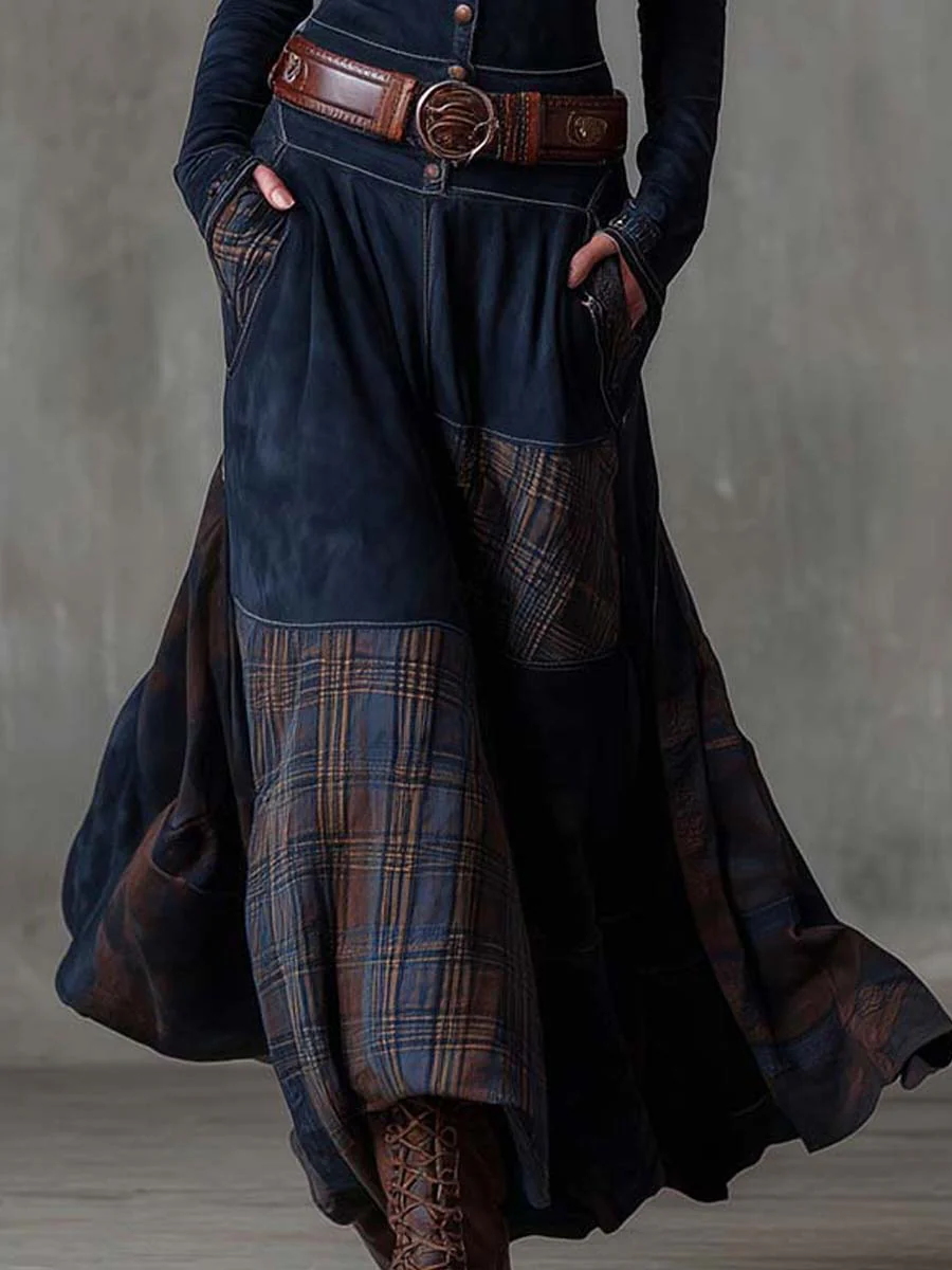 Button Front Plaid Panel Belted Maxi Dress