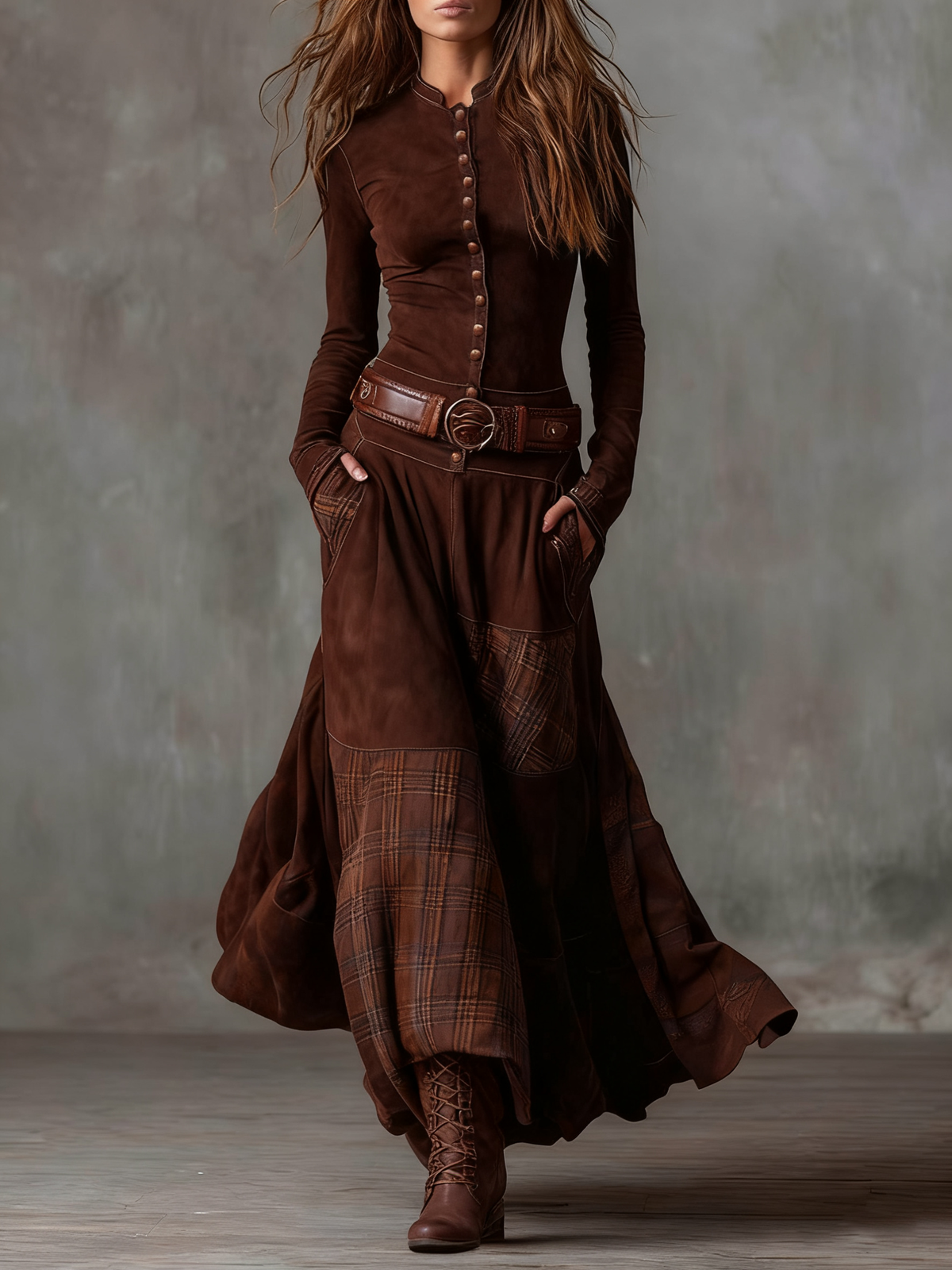 Button Front Long Sleeve Belted Plaid Panel Maxi Dress