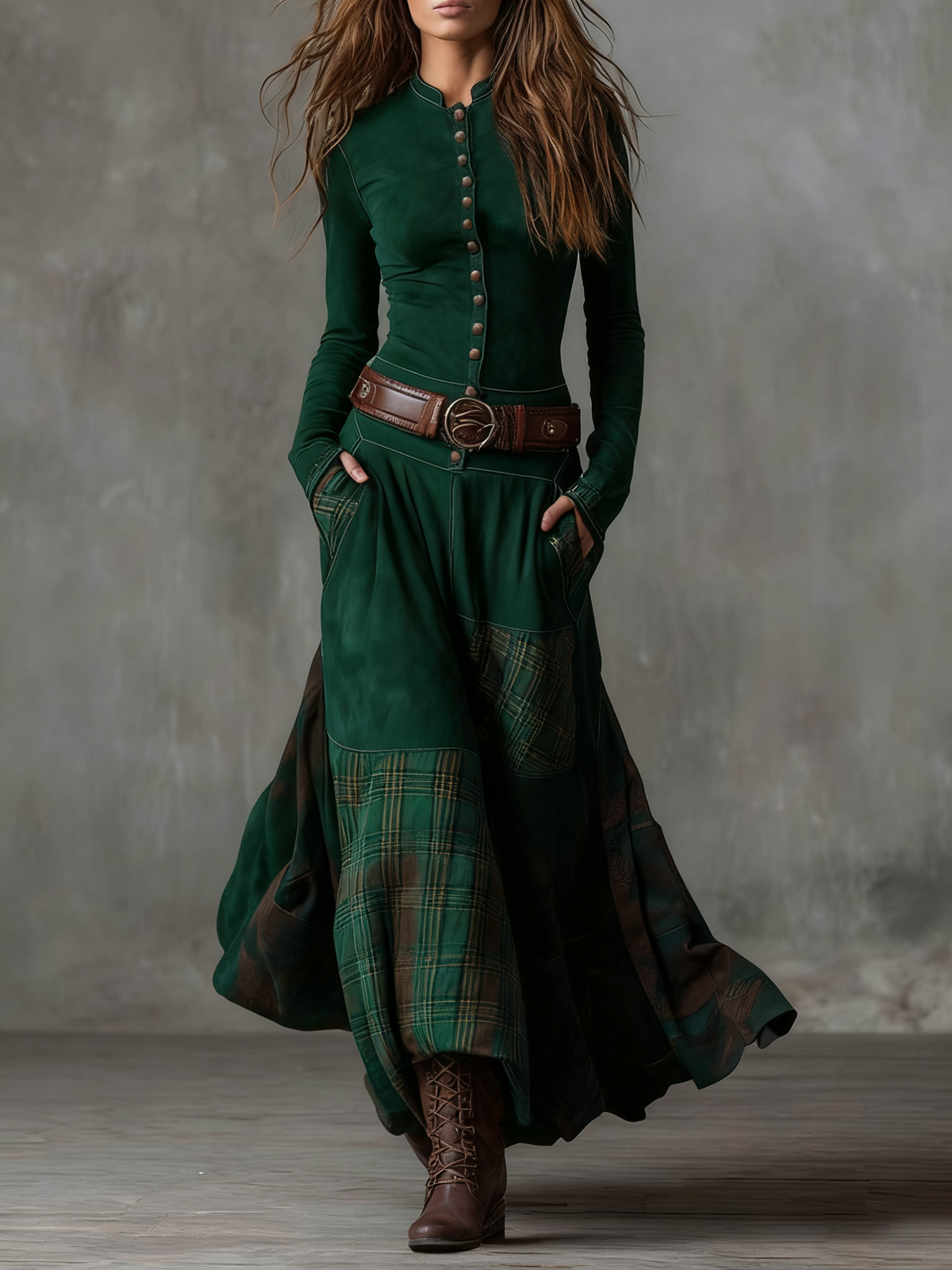 Button Front Long Sleeve Belted Plaid Panel Maxi Dress