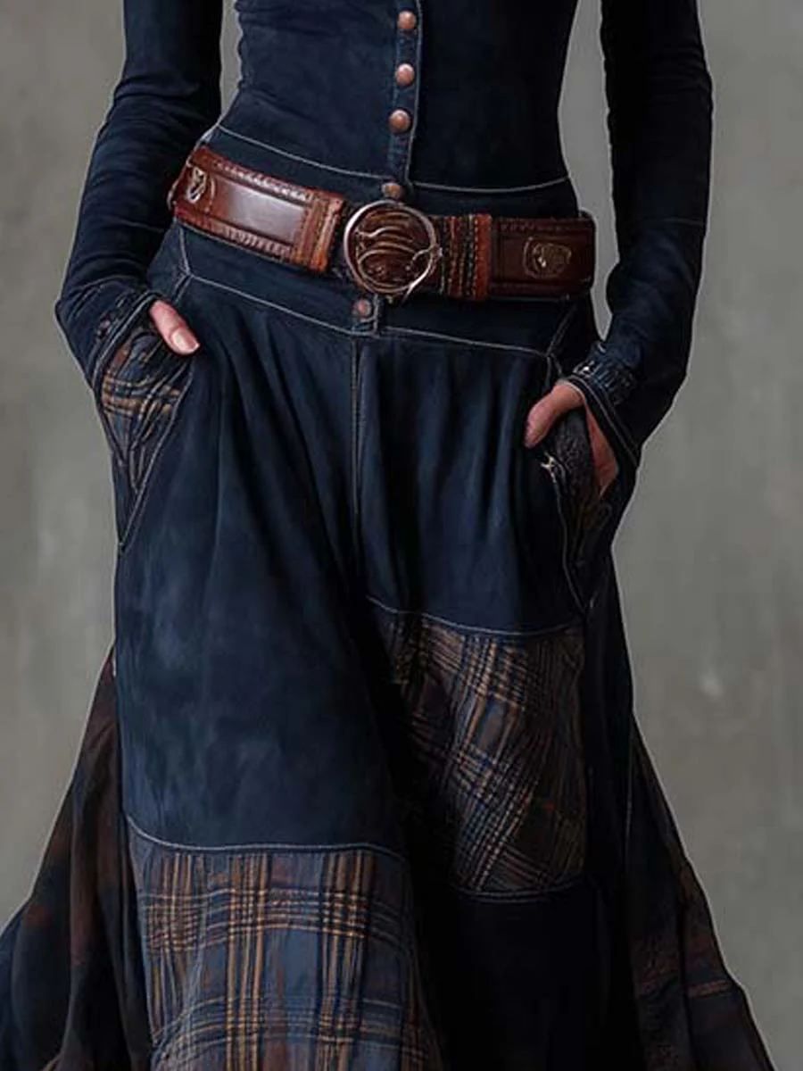 Button Front Long Sleeve Belted Plaid Panel Maxi Dress