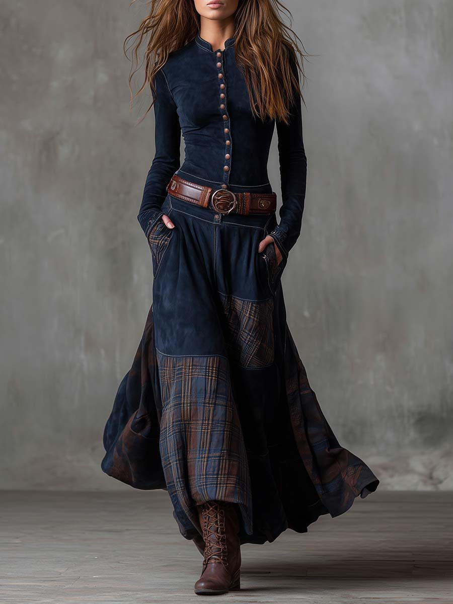 Button Front Plaid Panel Belted Maxi Dress