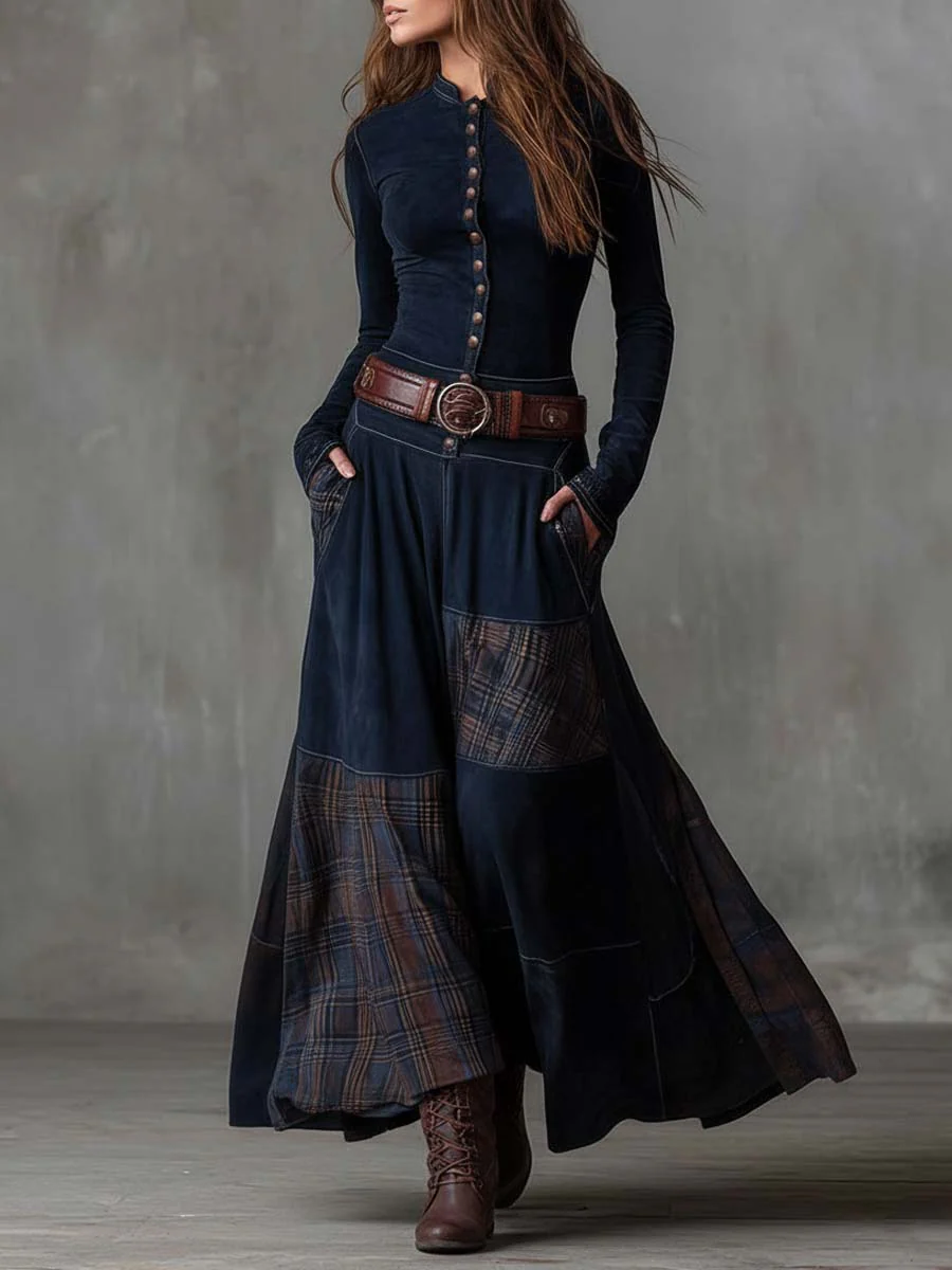 Plaid Patchwork Button Front Long Sleeve Maxi Dress