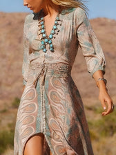 Paisley Print V-Neck Long Sleeve High Split Maxi Dress 2