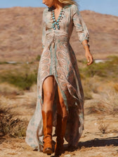 Paisley Print V-Neck Long Sleeve High Split Maxi Dress