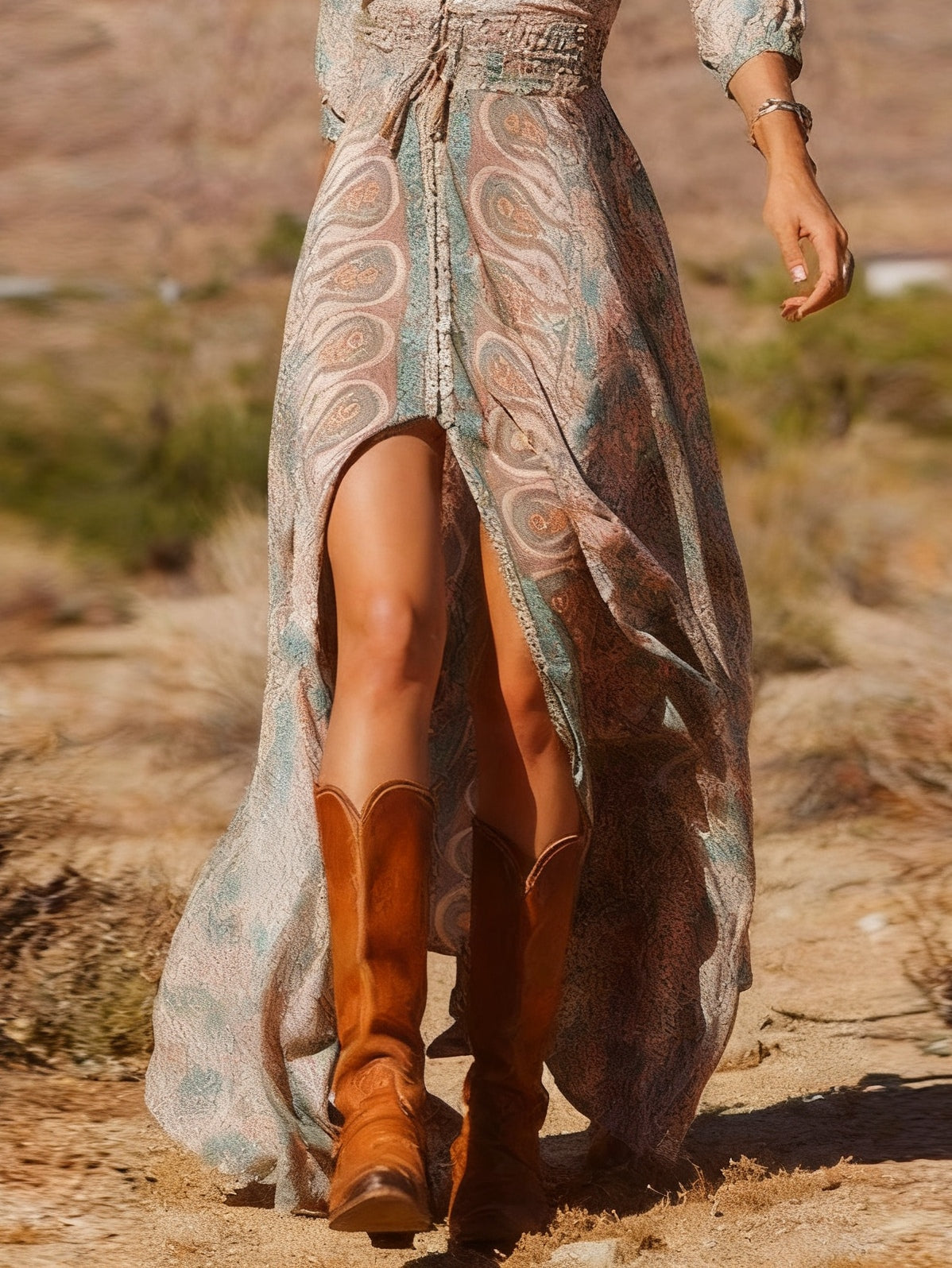 Paisley Print V-Neck Long Sleeve High Split Maxi Dress 3