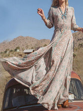 Paisley Print V-Neck Long Sleeve High Split Maxi Dress 4